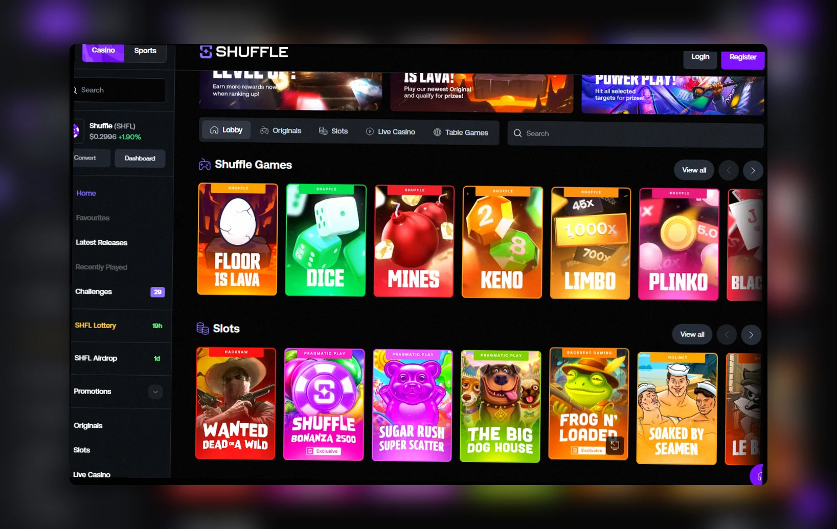 Shuffle Casino lobby Norge